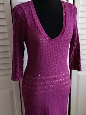 Venus Knitted Bodycon Midi Dress Womens Size L Purple Rhinestone Long Sleeve